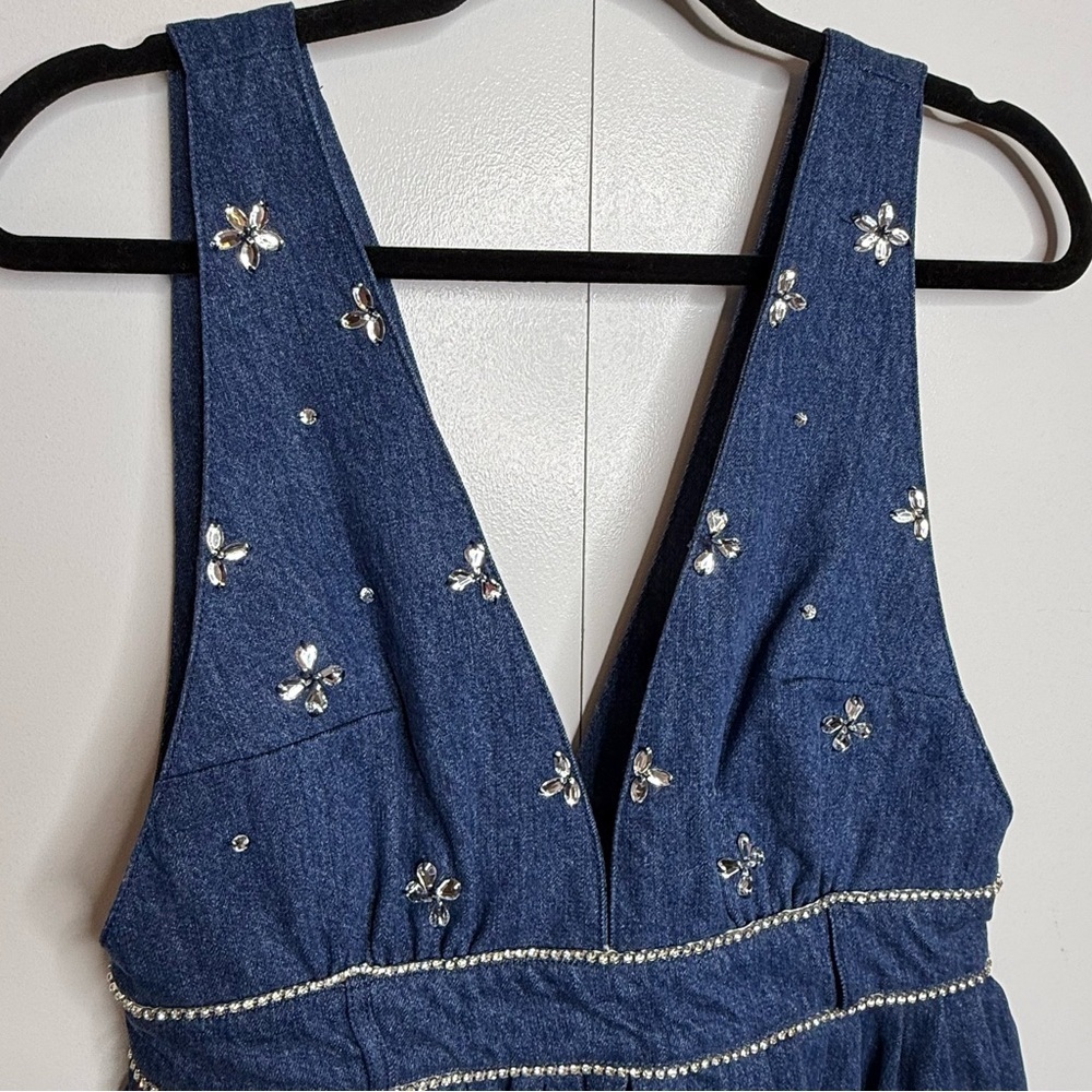 Free People Aultry Embellished Mini Dress Denim Rhinestones Small NWT - Picture 3 of 10